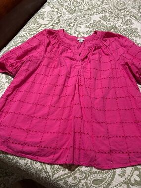 crown & ivy Hot Pink Eyelet Cotton Top